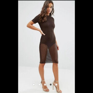 ASOS Naanaa Brown Mesh Bodycon Midi Dress
